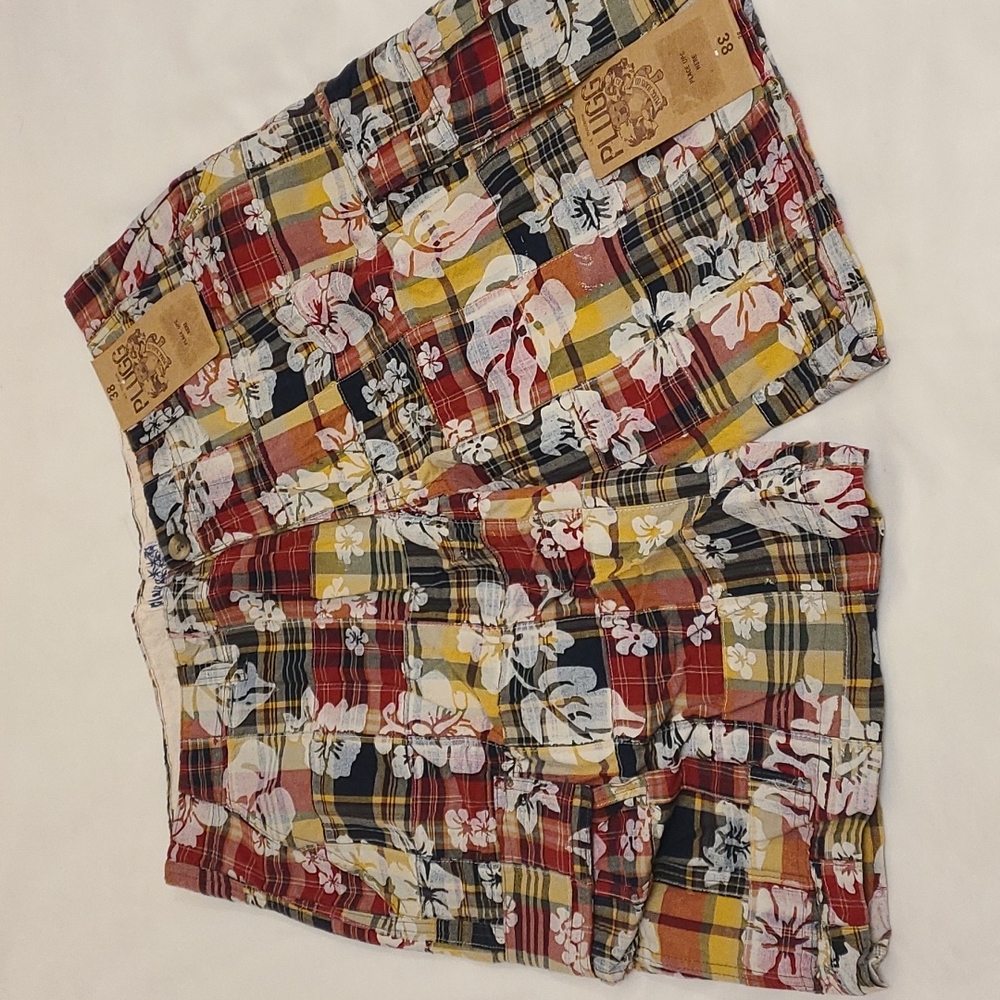 Plugg Jeans Co Casual Cotton Shorts Plaid Hawaiian Flowers Red White Mens 38 NWT